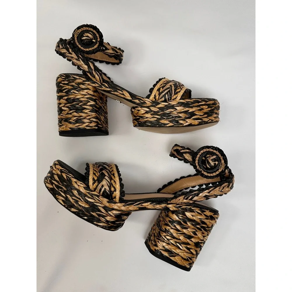 Sam Edelman Iliana Raffia Platform Sandals 9.5 Black Natural Woven Ankle Strap